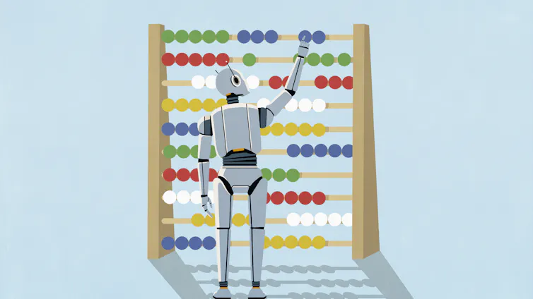 Illustration of a humanoid robot moving beads on a huge abacus