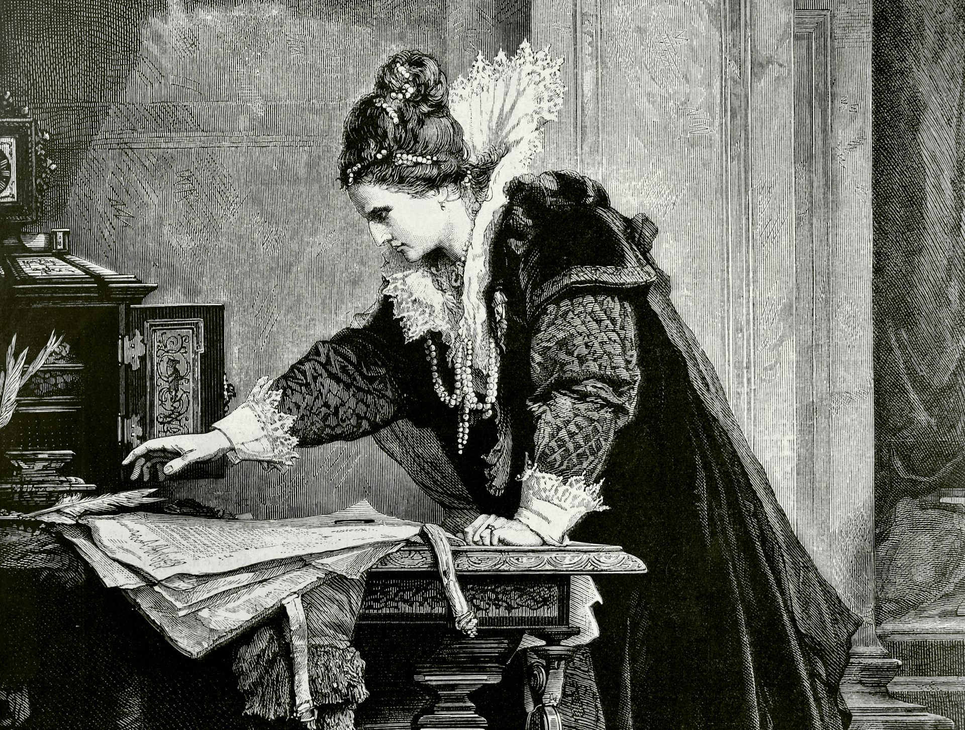 engraving showing Elizabeth signing Mary Stuart's condemnation to death.