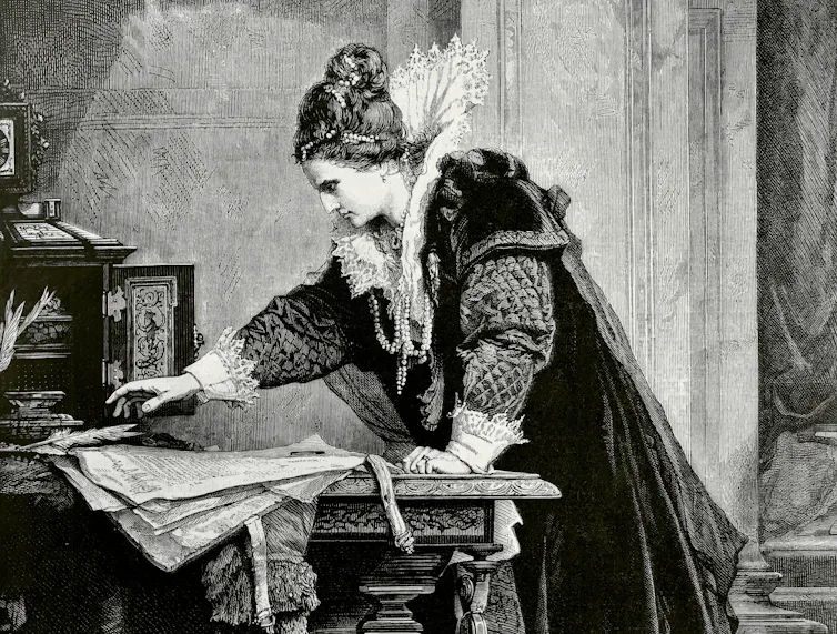engraving showing Elizabeth signing Mary Stuart's condemnation to death.