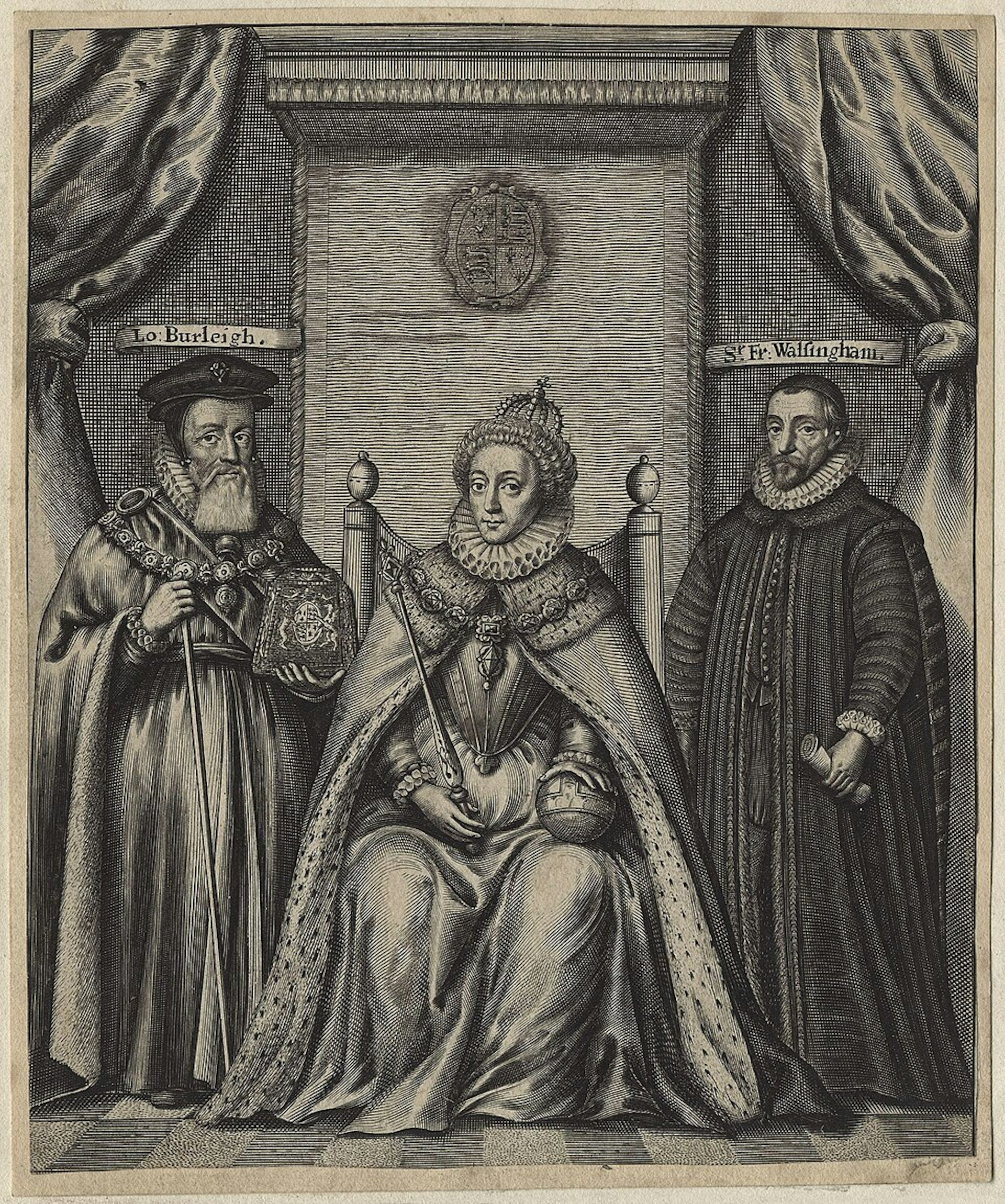 Engraving showing Queen Elizabeth flanked by two advisors.