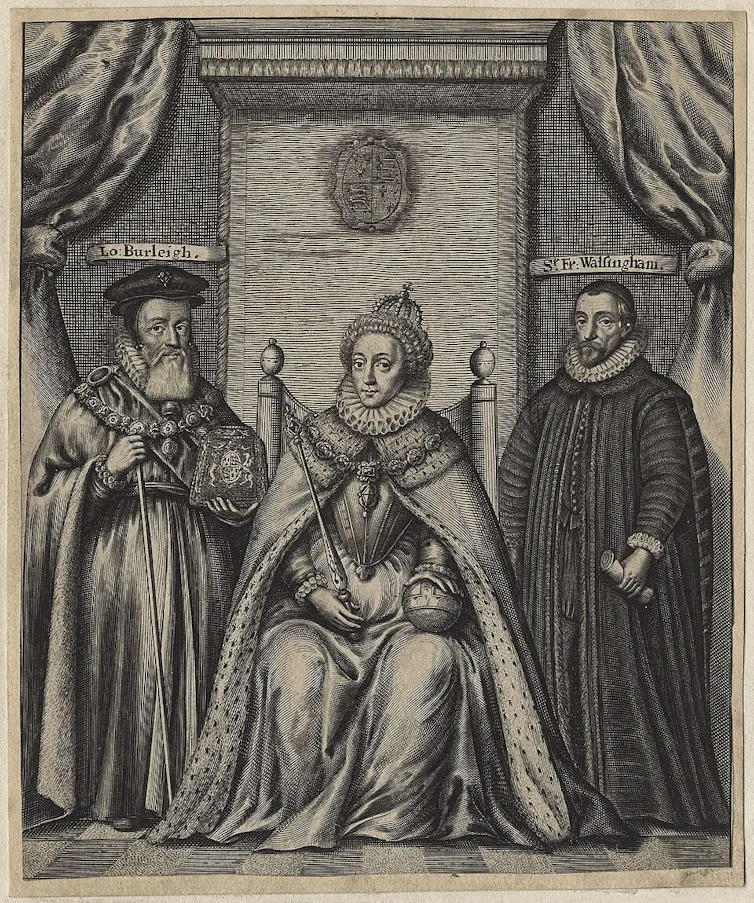 Engraving showing Queen Elizabeth flanked by two advisors.