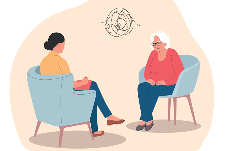 Vector illustration of woman talking with psychologist