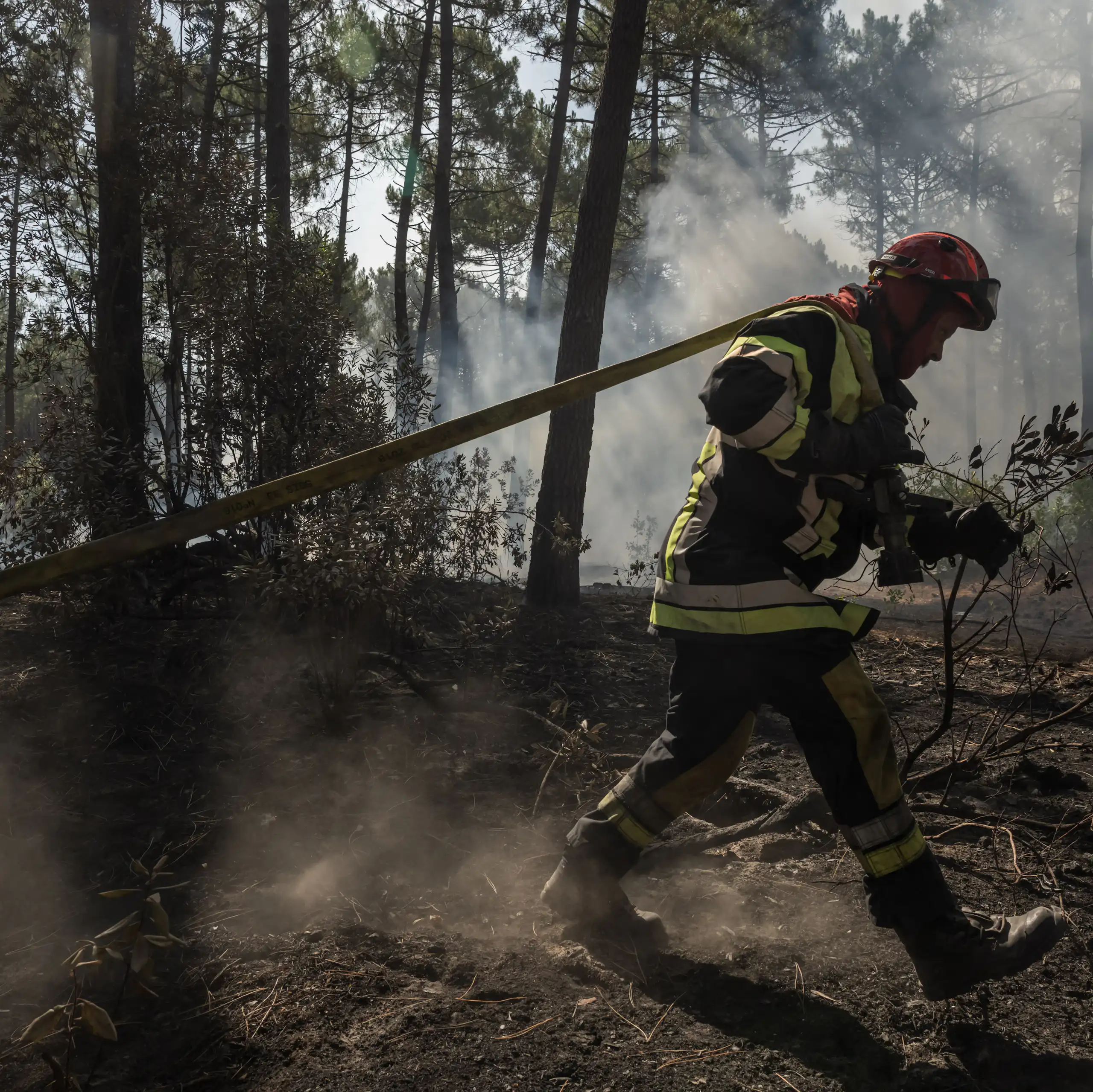 Un pompier s'efforce d'éteindre les flammes dans une forêt de Claouey, près de Lège-Cap-Ferret, le 28 juillet 2026.
