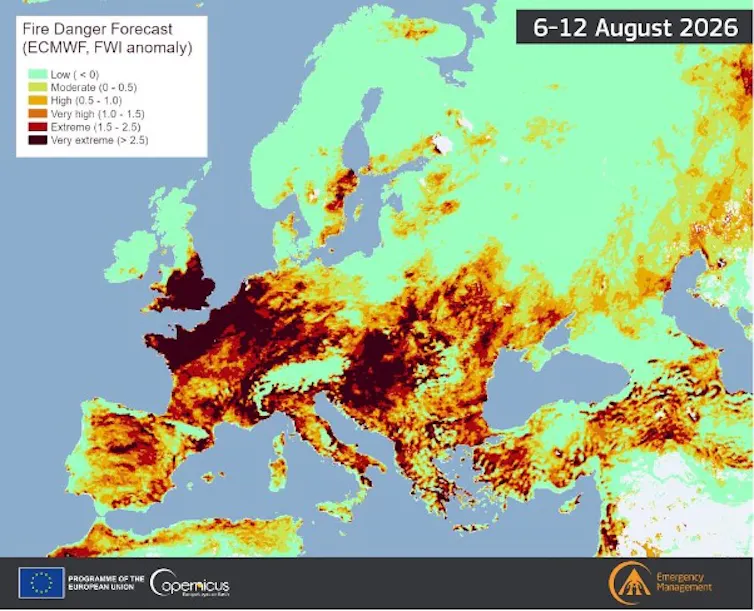 A map showing the severity of wildfire conditions across Europe.