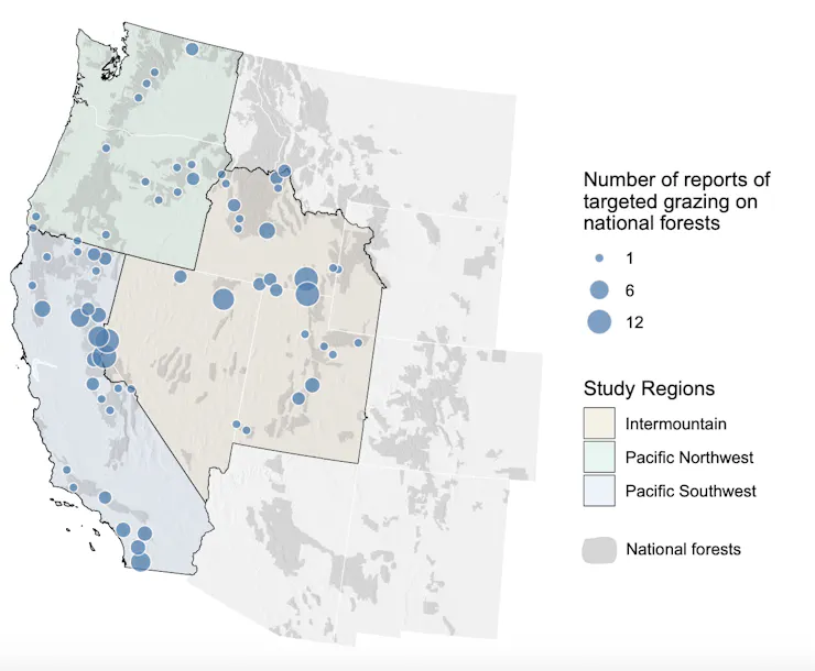 A map shows lots of sites with targeted grazing, particularly in California and Idaho.