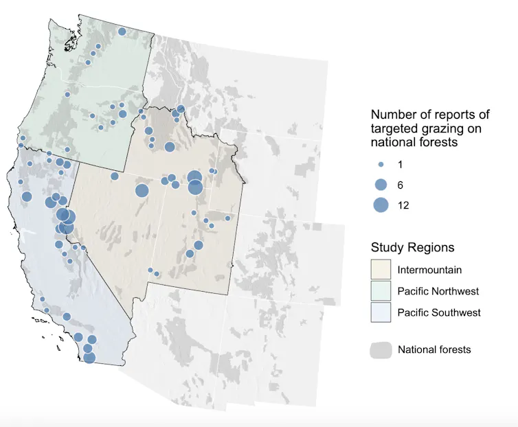A map shows lots of sites with targeted grazing, particularly in California and Idaho.