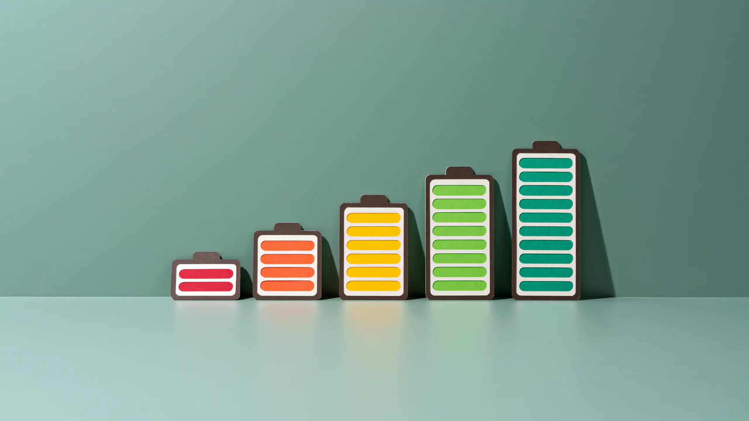 Batteries with gradually increasing capacity levels on a green background.