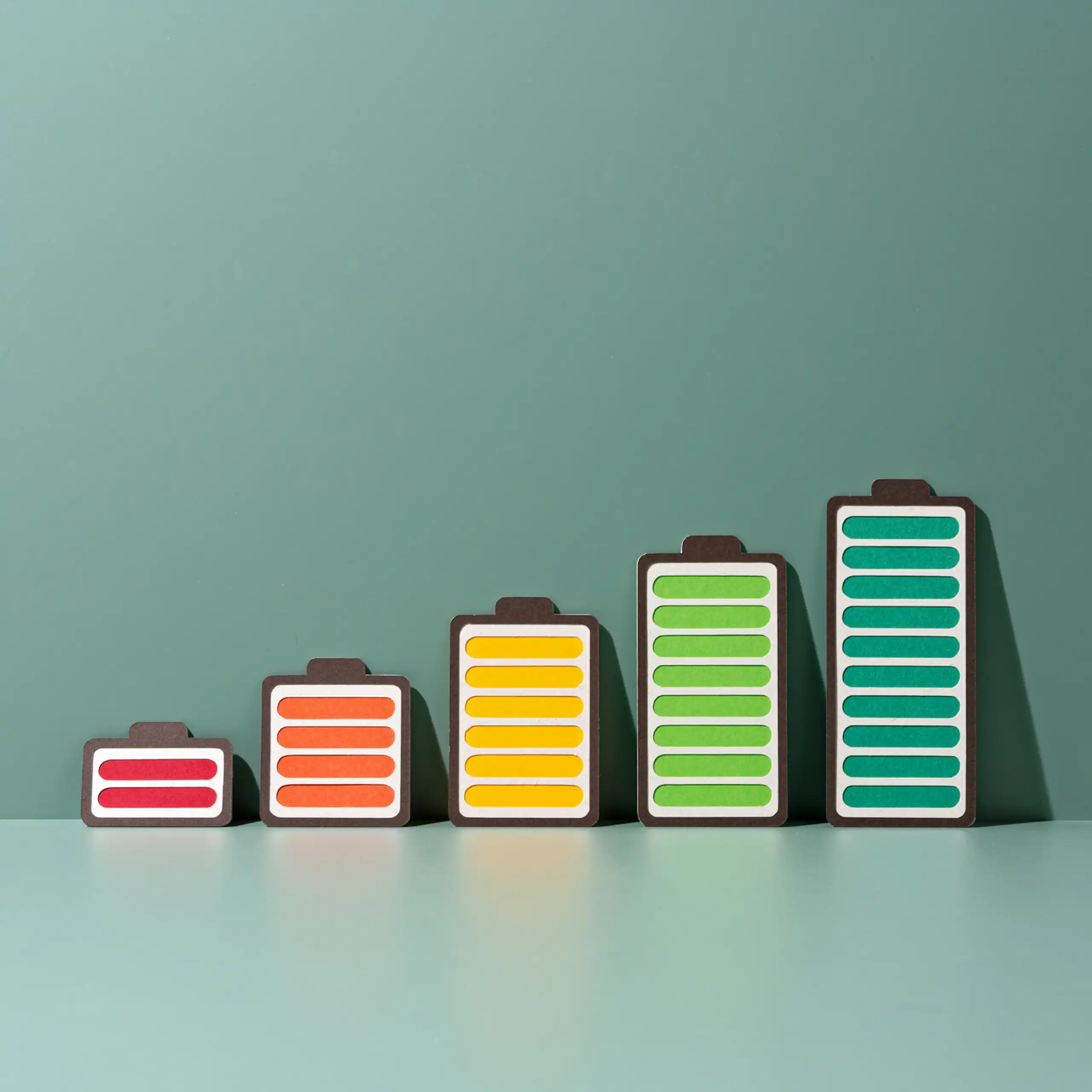 Batteries with gradually increasing capacity levels on a green background.