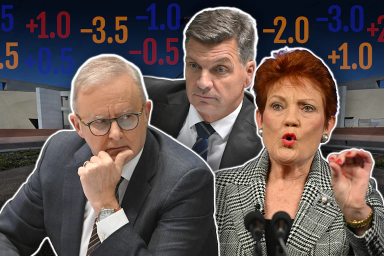 Composite image of Anthony Albanese, Angus Taylor and Pauline Hanson superimposed over polling numbers