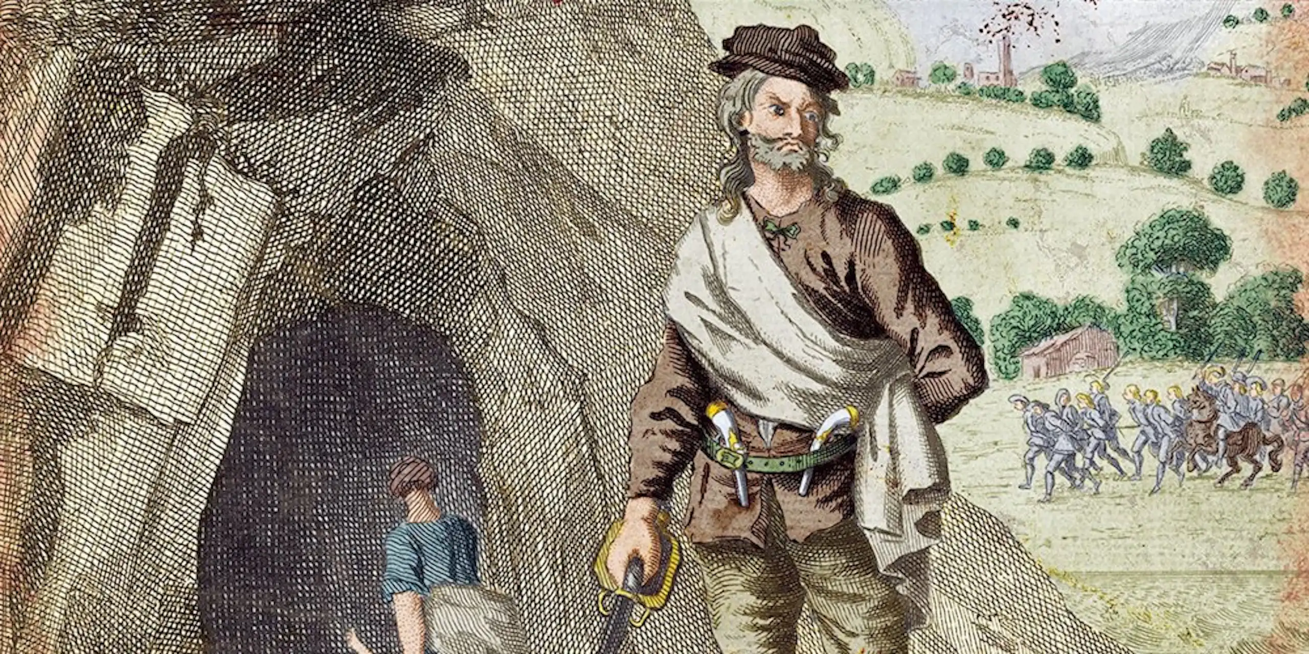 An engraving of Sawney Bean surrounded by corpses