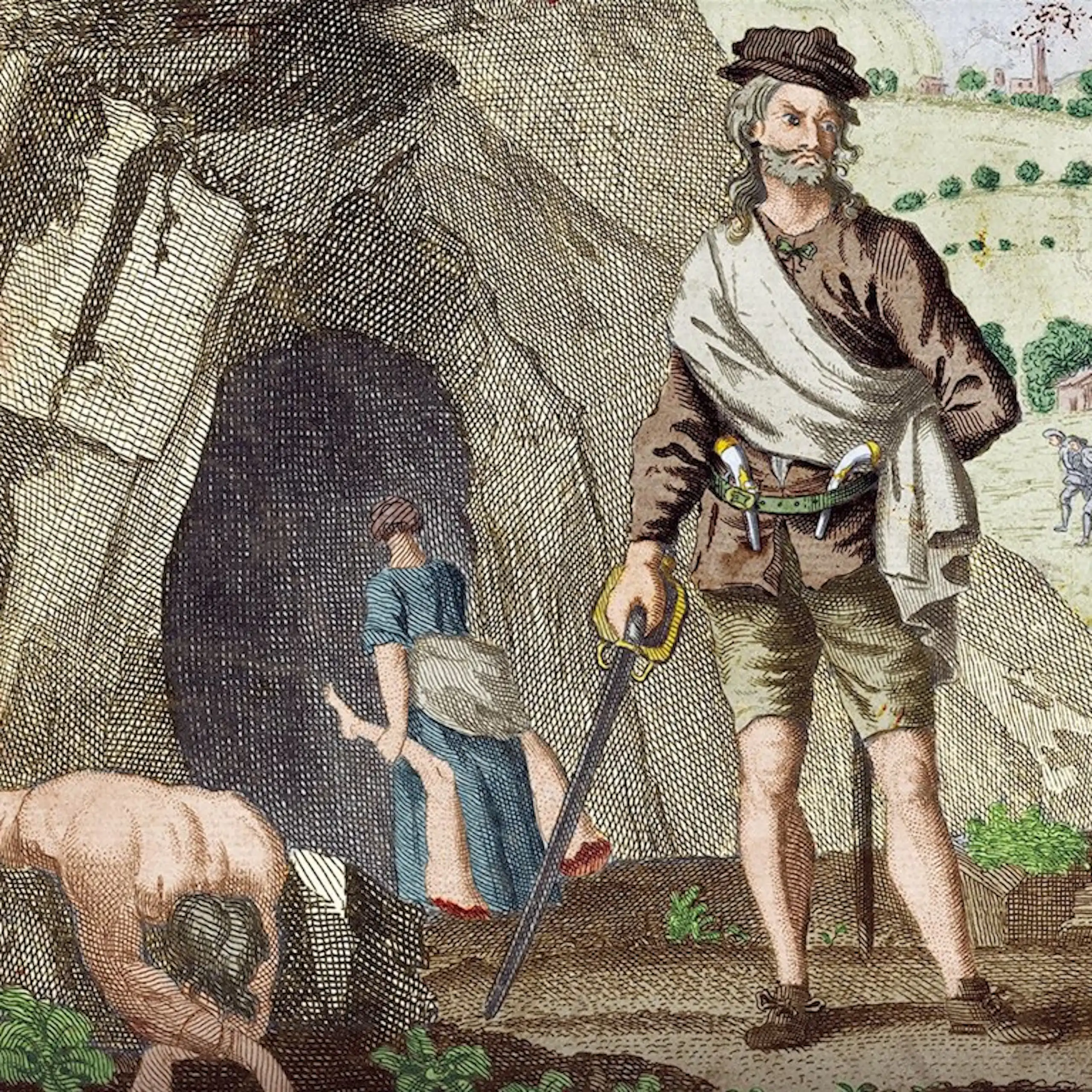 An engraving of Sawney Bean surrounded by corpses