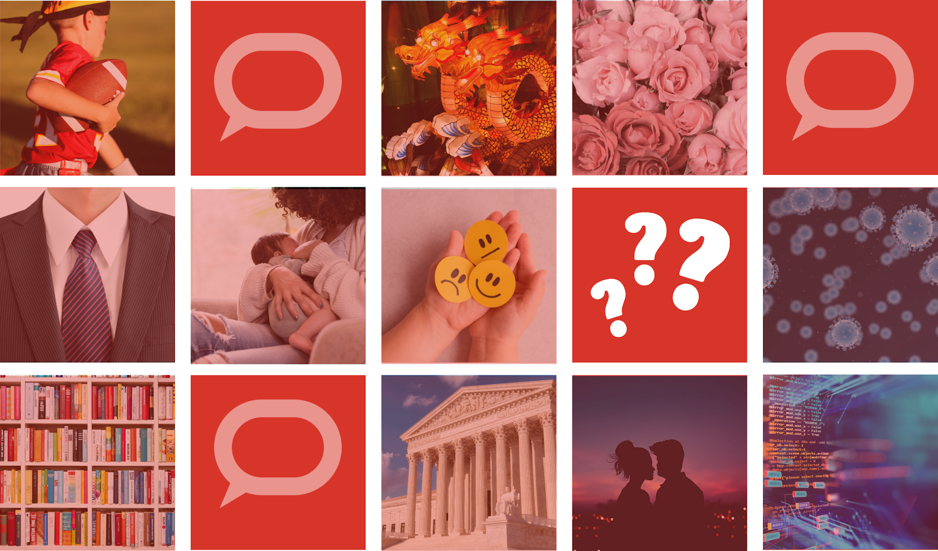 jumble of disparate images like question marks, supreme court building, two silhouettes kissing and smiley faces