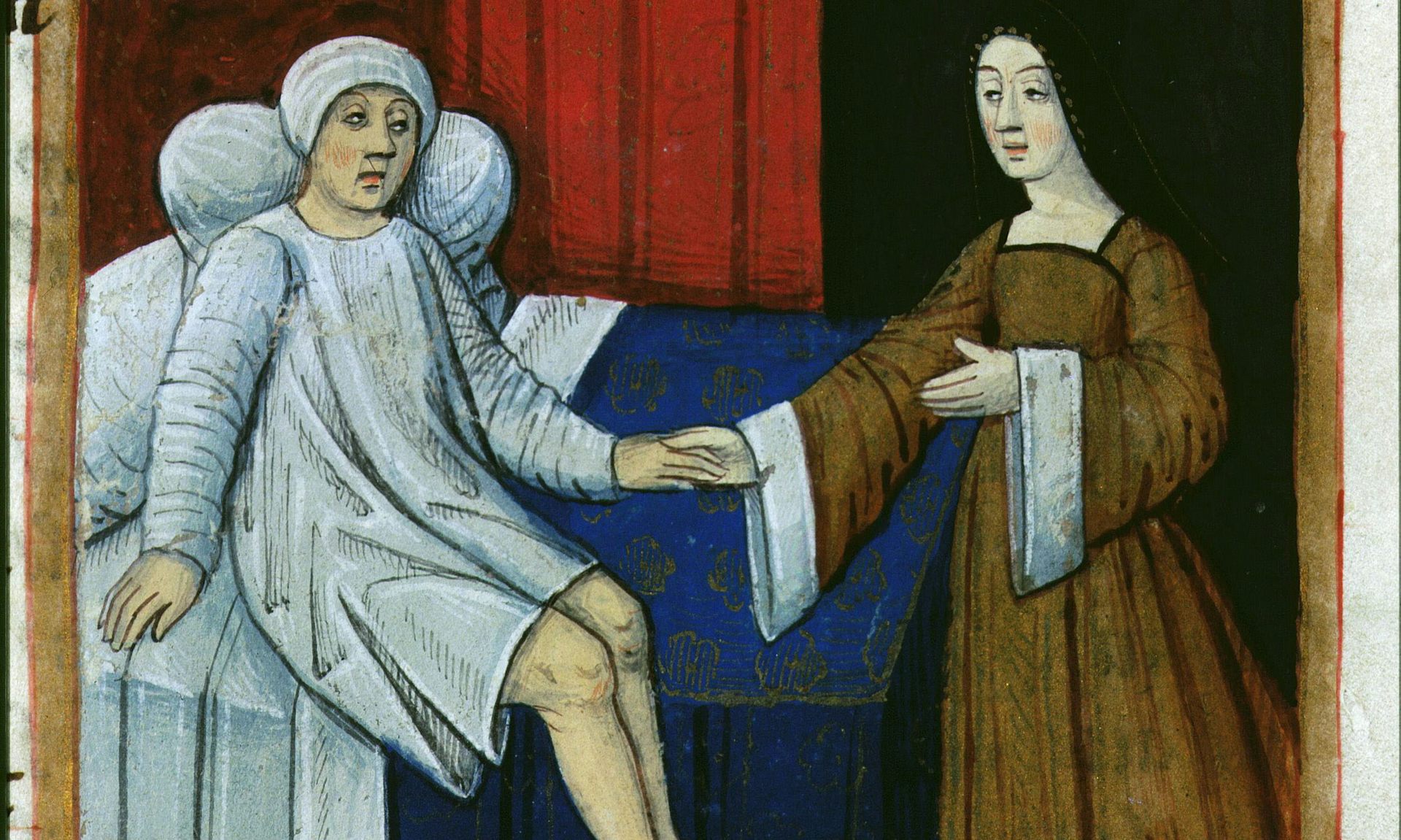 Medieval illustration couple holding hands in a bedroom