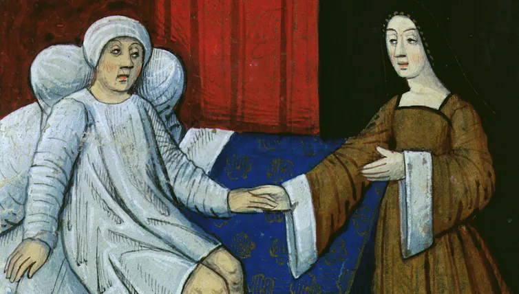 Medieval illustration couple holding hands in a bedroom