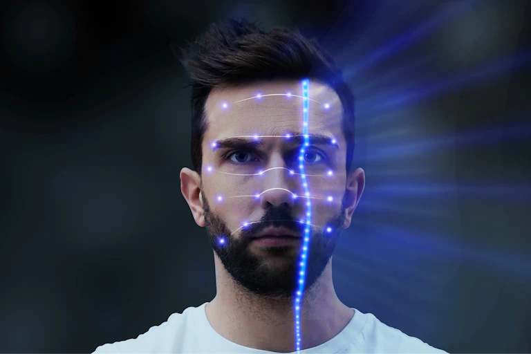 Close up of man's face being scanned by AI