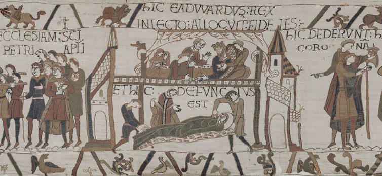 A section of the Bayeux tapestry showing the deathbed of King Edward.