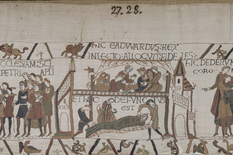 A section of the Bayeux tapestry showing the deathbed of King Edward.