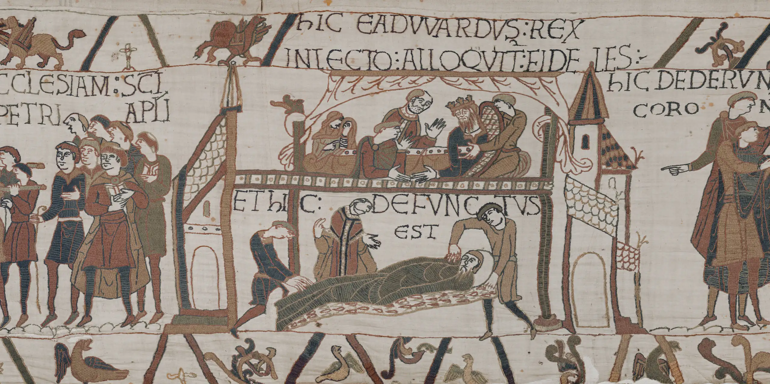 A section of the Bayeux tapestry showing the deathbed of King Edward.