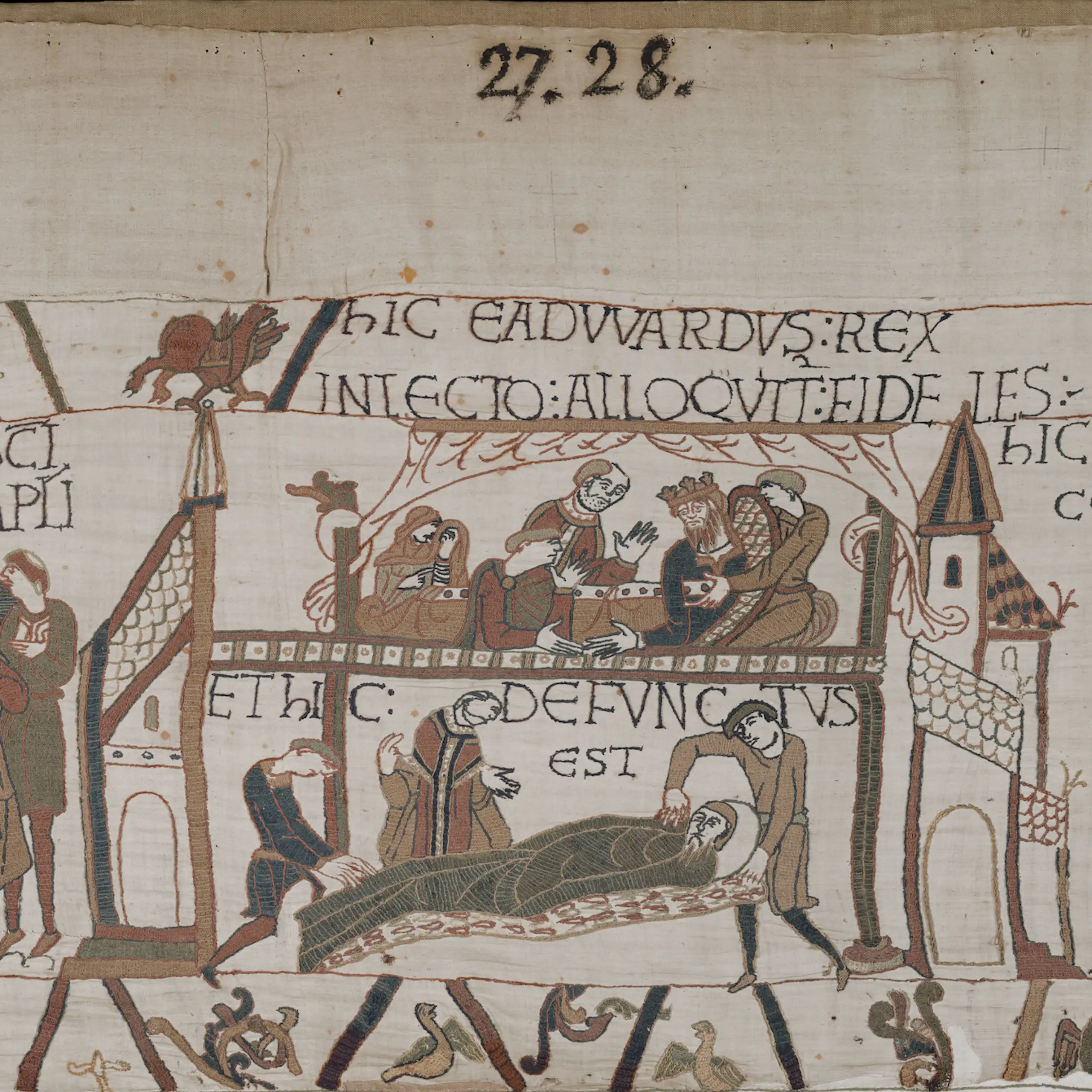 A section of the Bayeux tapestry showing the deathbed of King Edward.