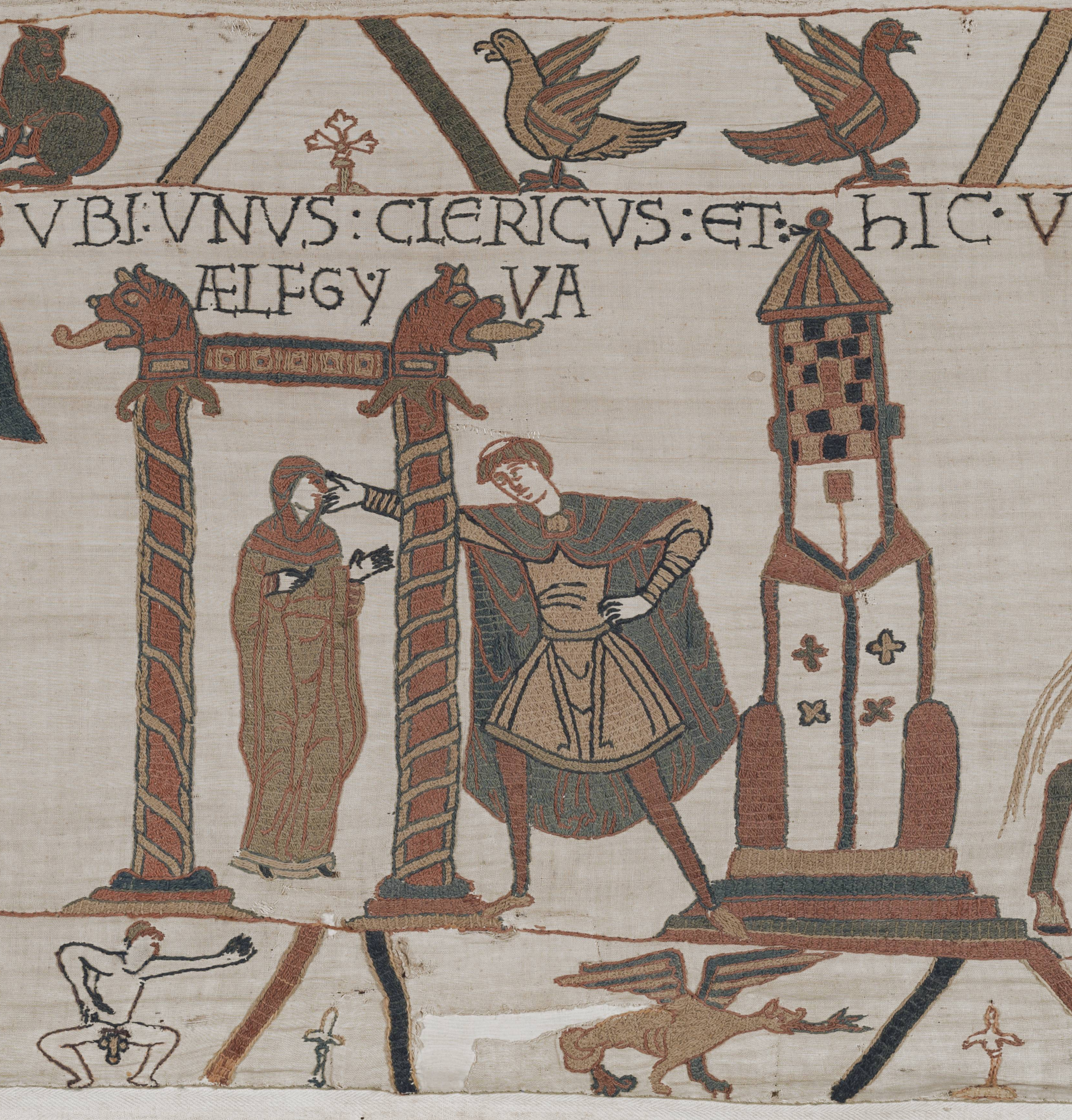 A section of the Bayeux tapestry showing a woman being cast out of a gate.