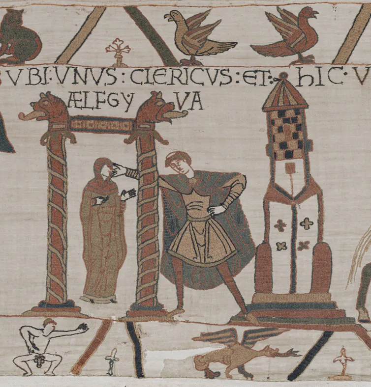 A section of the Bayeux tapestry showing a woman being cast out of a gate.