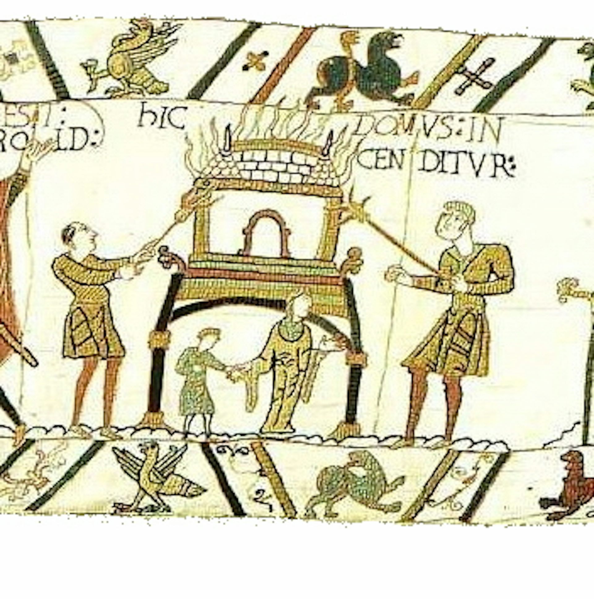 A section of the Bayeux tapestry showing a woman fleeing a burning house.