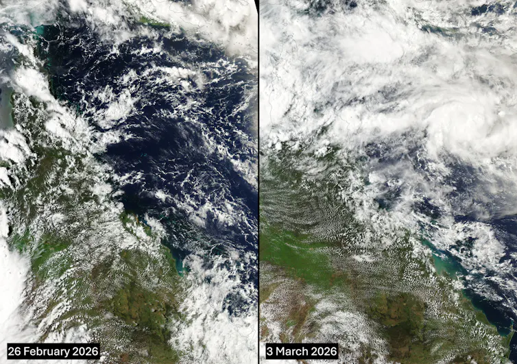 Satellite images showing clouds over the Great Barrier Reef before and after an active monsoon.