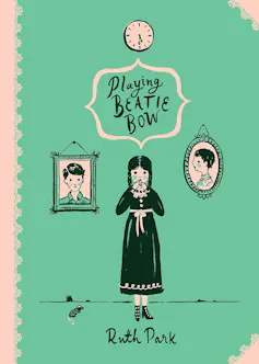 Book cover: Playing Beatie Bow - aqua cover with illustrated picture of a girl in plaits with pictures on the wall
