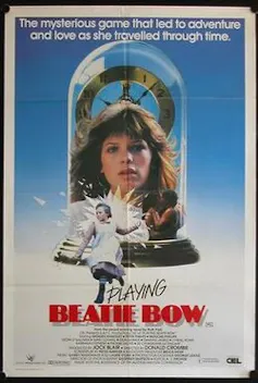 Film poster: a girl in old-fashioned dress in front of a young woman in a globe