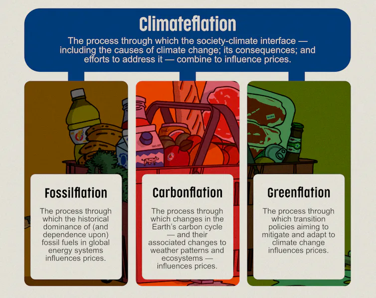 A schematic diagram showing the core definitions for climateflation and its constituent parts: fossilflation, carbonflation and greenflation.