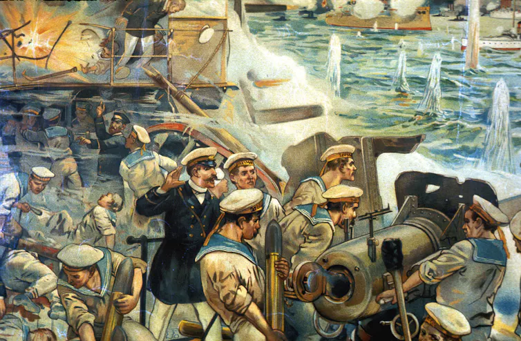 A naval battle scene with a captain in a blue coat and hat giving commands while soldiers load cannons.