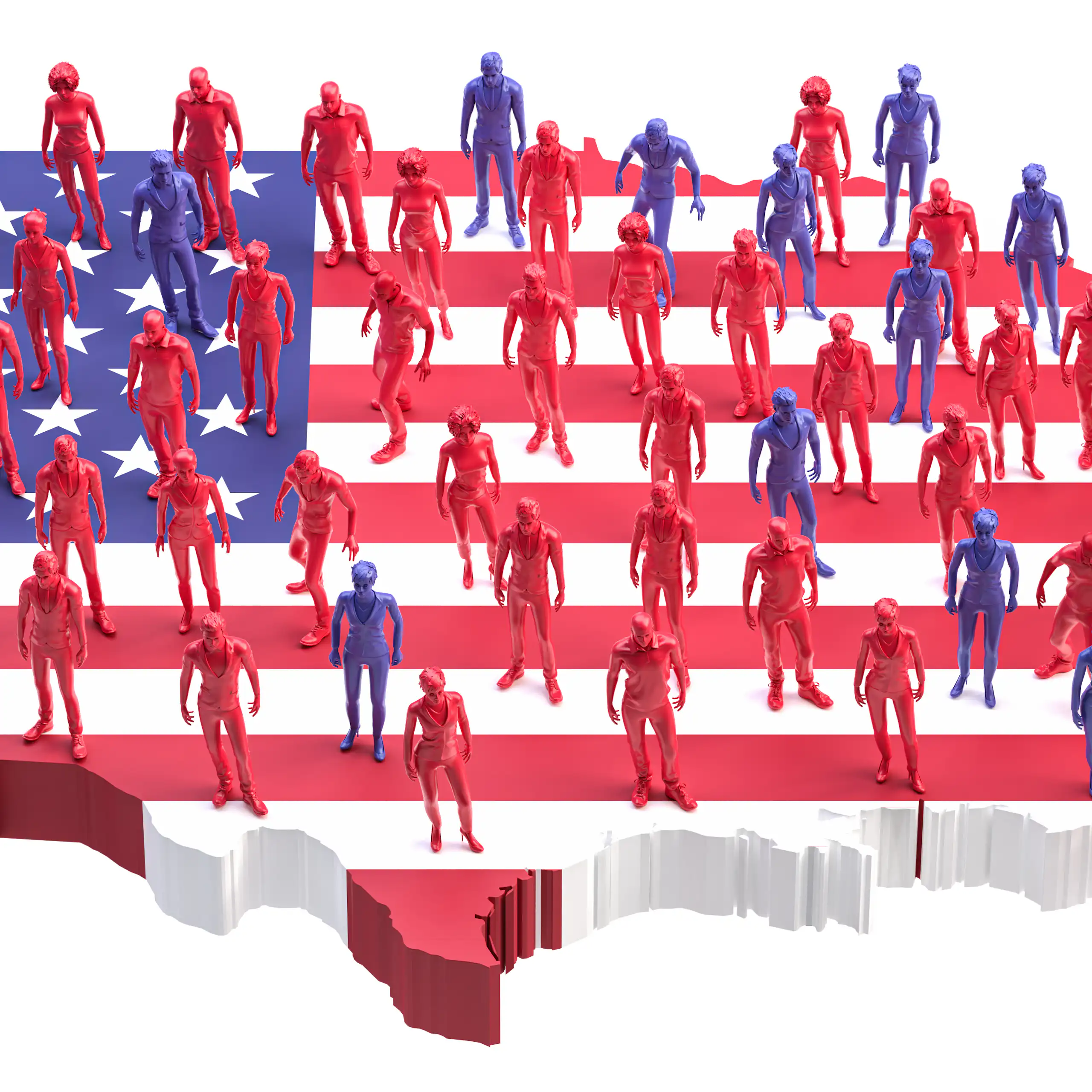 Red and blue characters on a map outline of the U.S. with the U.S. flag.