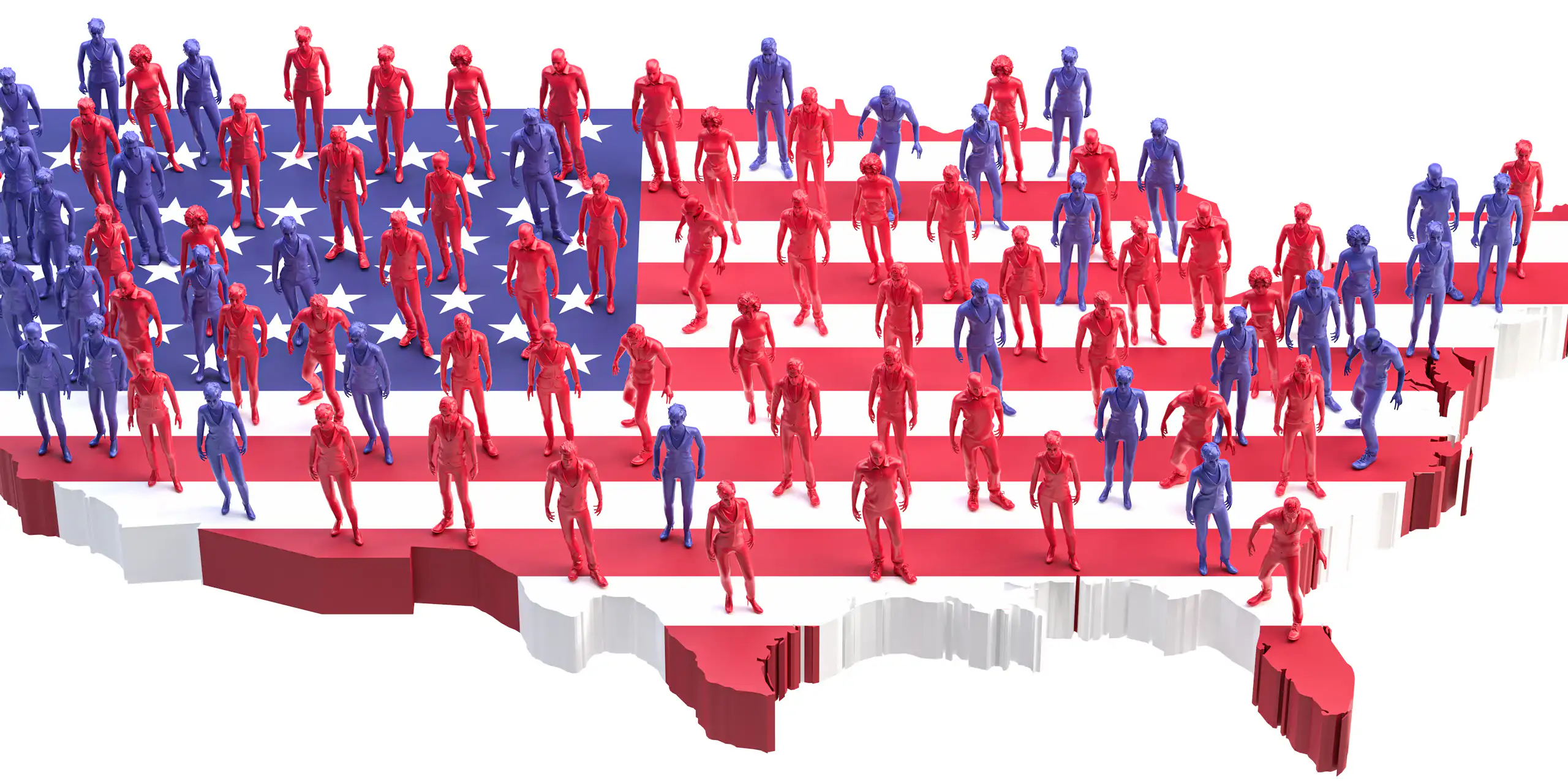 Red and blue characters on a map outline of the U.S. with the U.S. flag.