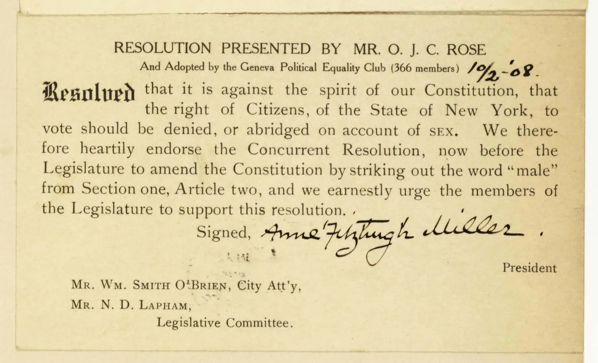 A 1908 resolution printed on yellowed paper requesting the New York state Legislature to support a suffrage resolution to amend the state constitution.