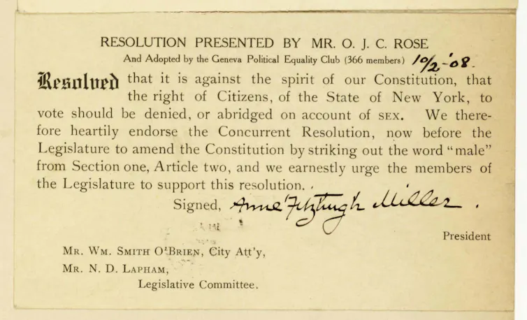 A 1908 resolution printed on yellowed paper requesting the New York state Legislature to support a suffrage resolution to amend the state constitution.