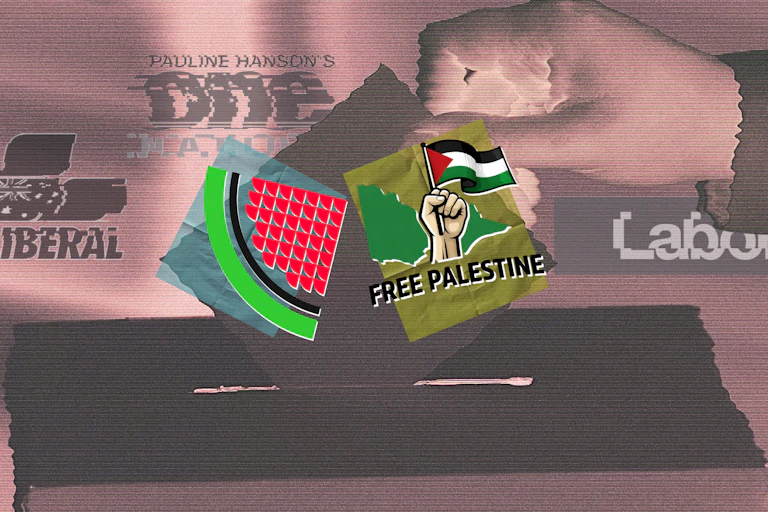 Political party logos overlayed over a ballot box and hand
