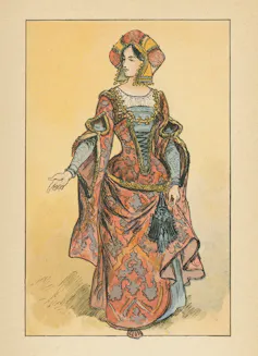 1490s Late Medieval style fashion, ladies embroidered gown and houppelande with gable hood (circa 15th century). Vintage etching circa 19th century.