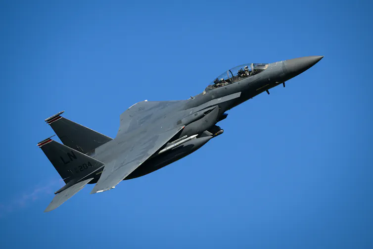 A US Air Force fighter jet seen in the sky