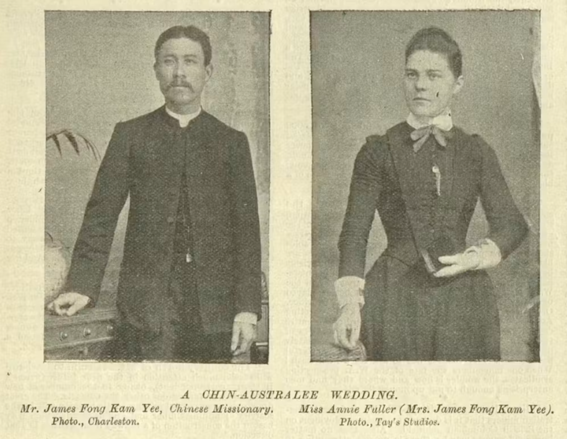 Copy of a newspaper article that includes a portrait of a Chinese man in a suit and a white woman in a neat Victorian-era dress