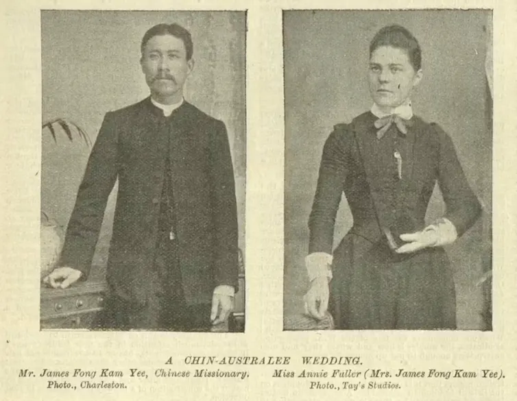 Copy of a newspaper article that includes a portrait of a Chinese man in a suit and a white woman in a neat Victorian-era dress