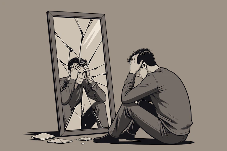 Illustration of an unhappy man looking into a broken mirror.