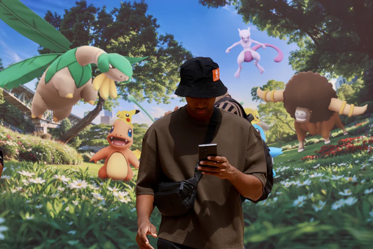 A gaming enthusiast plays Pokemon games on a mobile phone during Pokemon Go Fest 2026.
