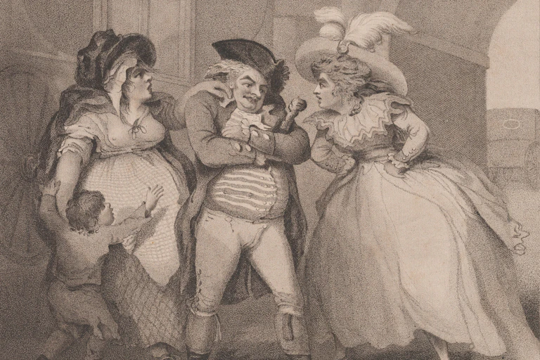 Engraving showing a grumpy man inbetween two angry women.