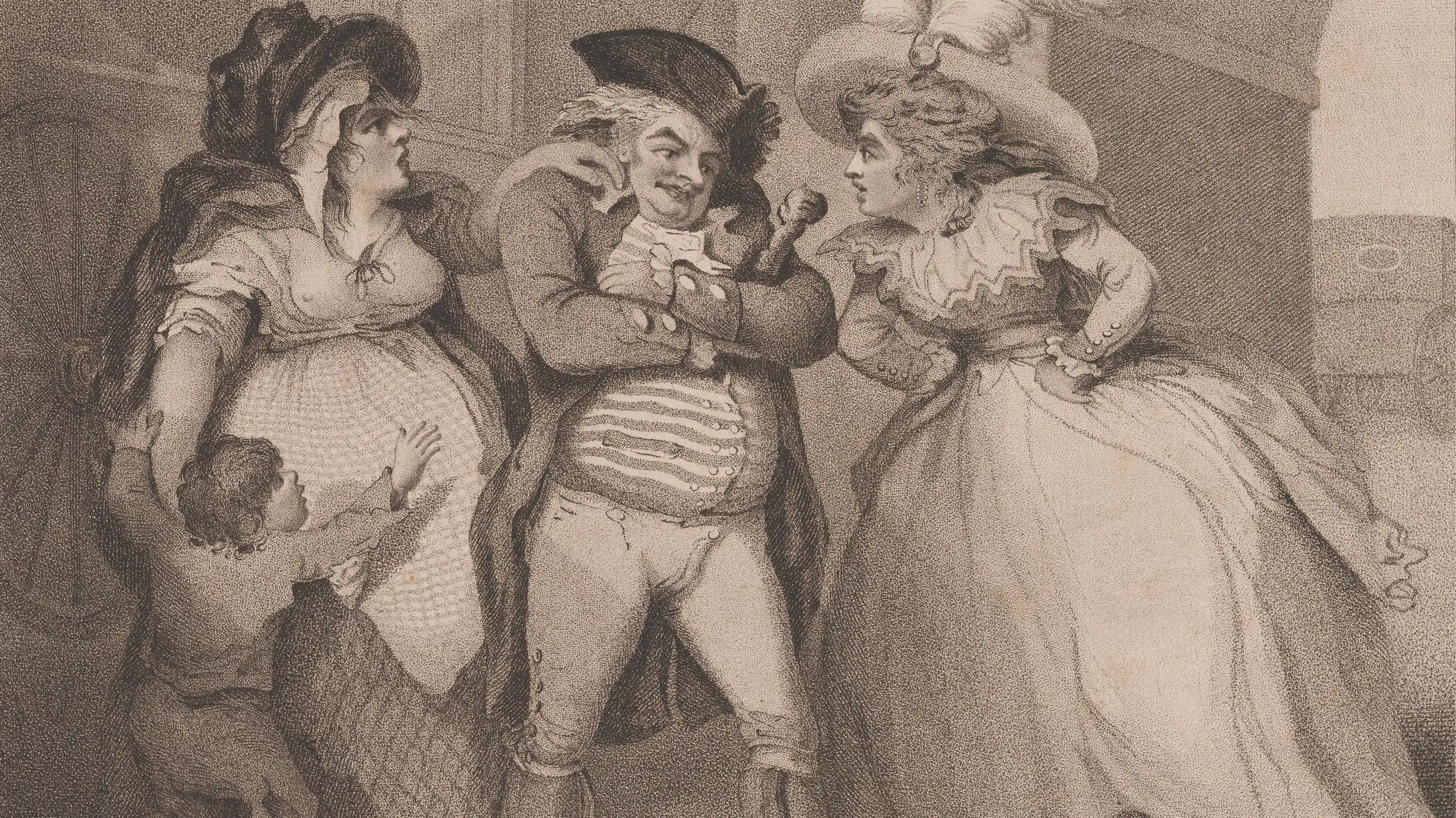 Engraving showing a grumpy man inbetween two angry women.