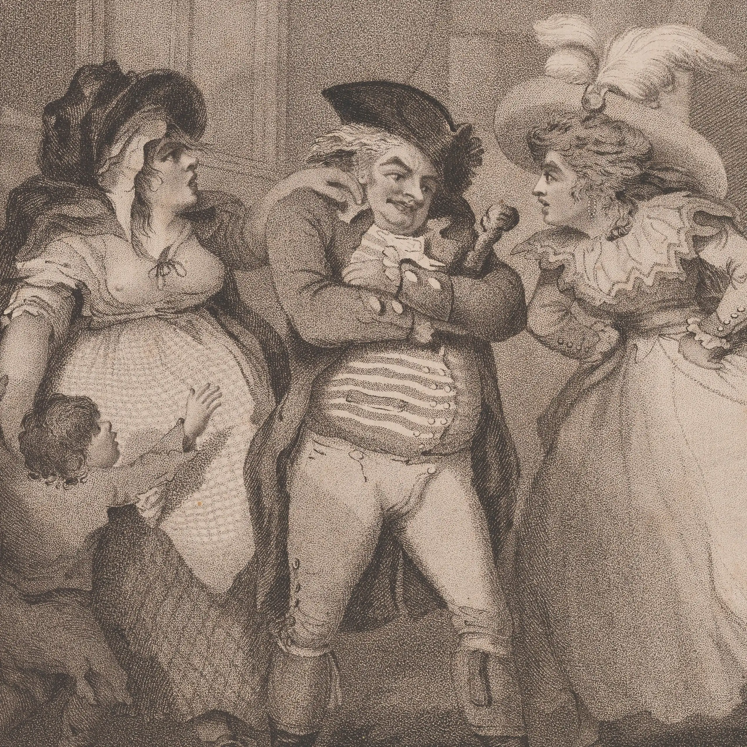 Engraving showing a grumpy man inbetween two angry women.