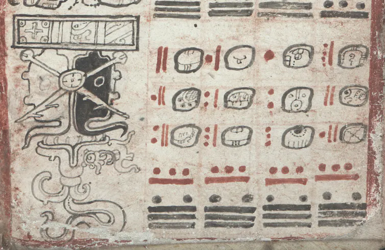 Manuscrito maya en el _Códice de Dresde_ en el que se representan los eclipses como dos alas, una negra y una blanca, unidas en la parte superior y con el signo del Sol en el centro, emergiendo de las fauces del monstruo de la Tierra.