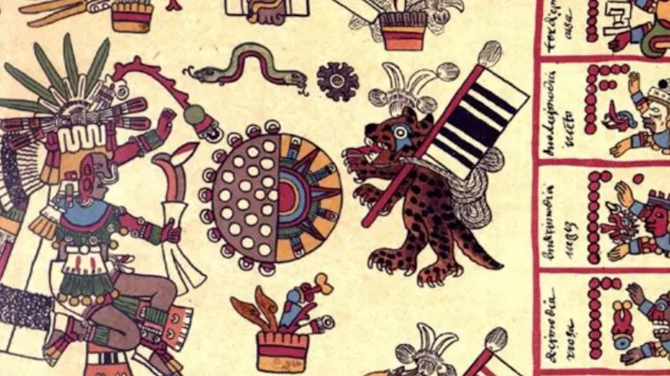 Lámina de un códice en la que se representa un disco solar dividido en dos: una mitad representaba al Sol con sus rayos, y colores rojo y amarillo, y la otra mitad a la Luna, de color oscuro, con los ojos nocturnos representando a las estrellas y al cielo.