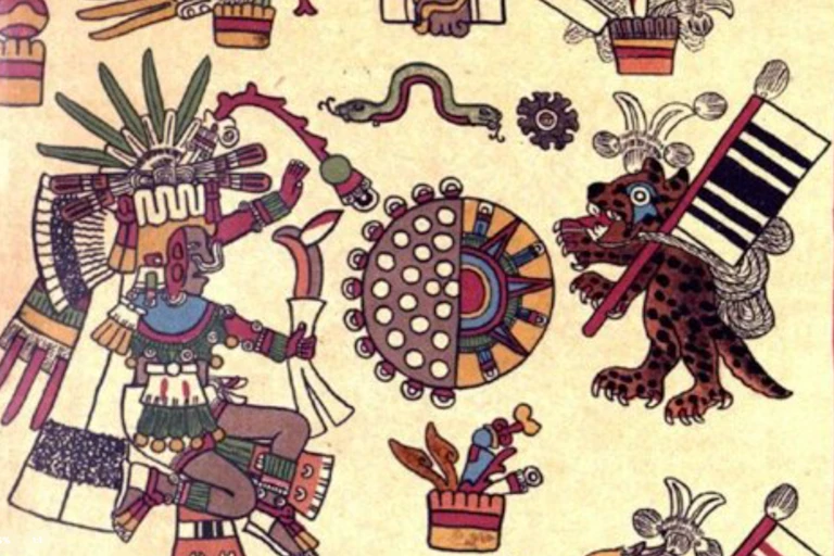 Lámina de un códice en la que se representa un disco solar dividido en dos: una mitad representaba al Sol con sus rayos, y colores rojo y amarillo, y la otra mitad a la Luna, de color oscuro, con los ojos nocturnos representando a las estrellas y al cielo.
