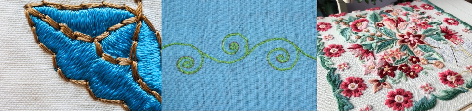 (L-R) Satin stitch, stem stitch and crewel work.