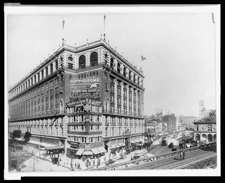 The big Macy's store in Manhattan is seen in a black-and-white photo.